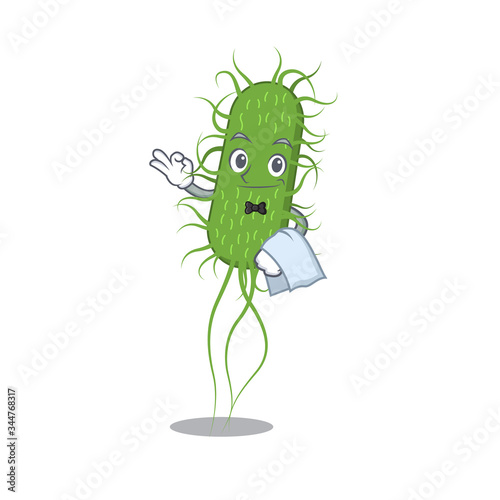 A cartoon character of e.coli bacteria waiter working in the restaurant
