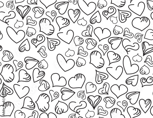 Black White Hand Drawn Hearts Seamless Pattern