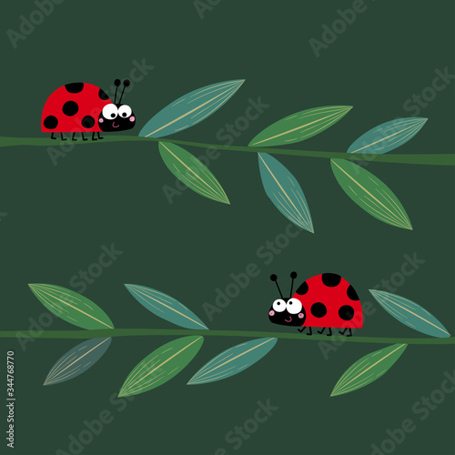 Vector illustration of two cute ladybirds or ladybugs walking on the grass stems.