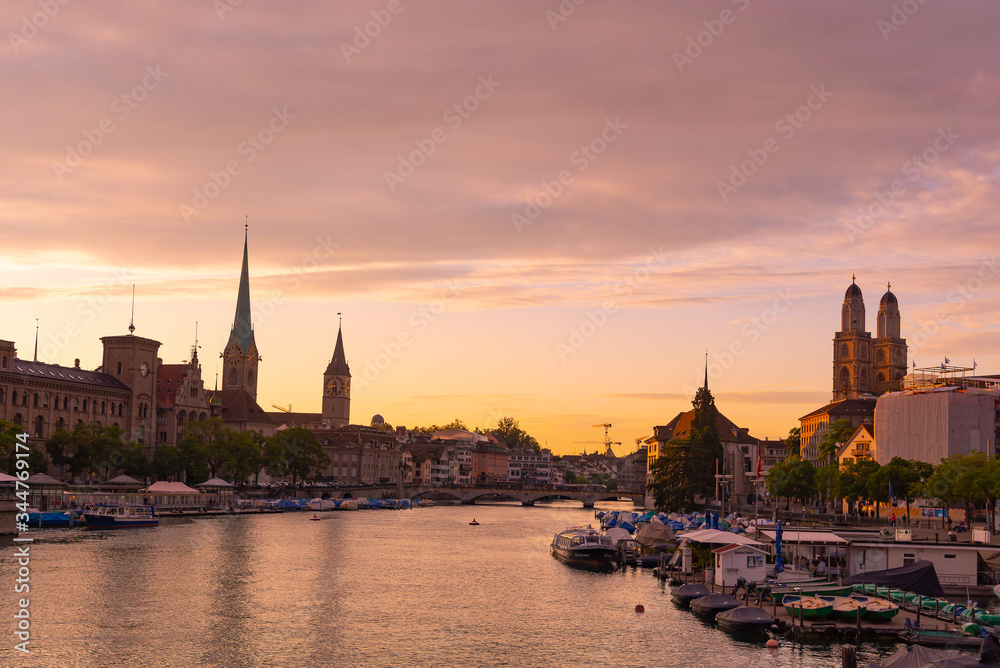 Cityscape of beautiful Zurich city in sunset time.