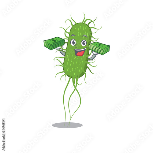 A wealthy e.coli bacteria cartoon character having money on hands