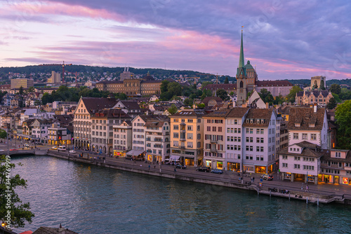 Dramatic view of Zurich at sunset in Switzerland.