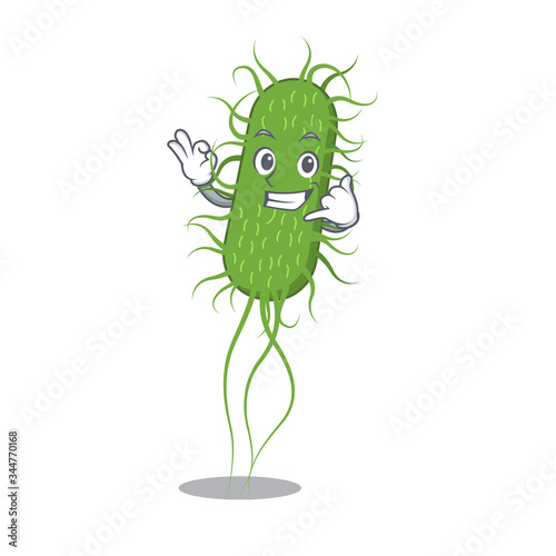 Cartoon design of e.coli bacteria with call me funny gesture
