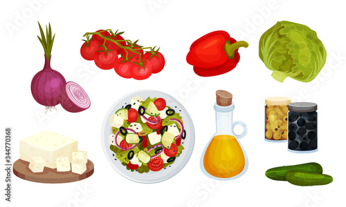 Greek Salad Fresh and Raw Ingredients with Olive Oil and Vegetables Vector Set