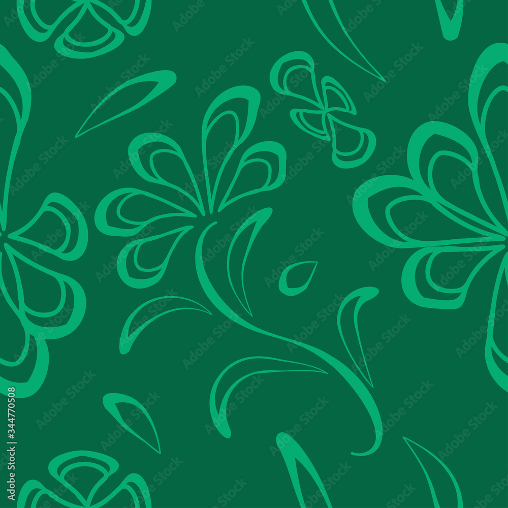 seamless pattern with leaves and flowers linocut style