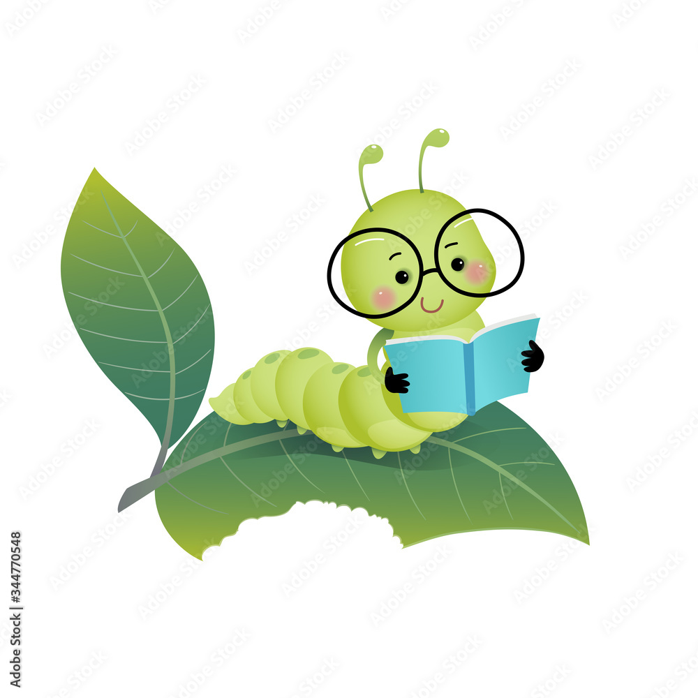 Vector illustration cute cartoon caterpillar wearing glasses and