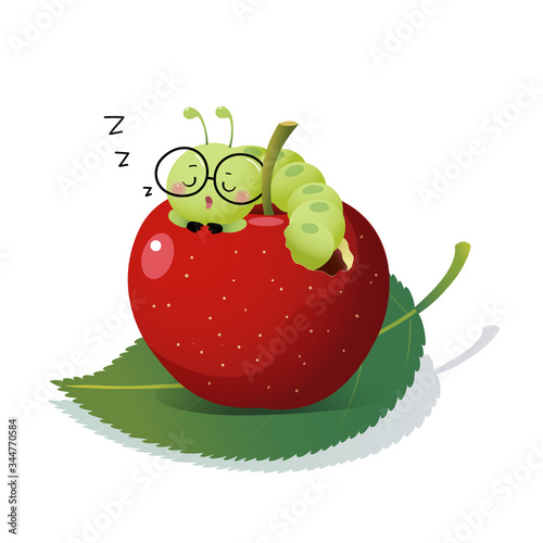 Vector illustration cute cartoon caterpillar wearing glasses and sleeping on an apple.