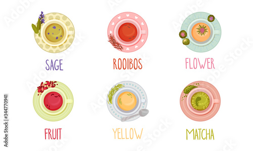 Different Tea Types Poured in Cups and Standing on Saucer Vector Set