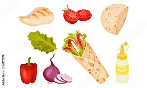 Doner Kebab Ingredients with Mustard and Vegetables Vector Set