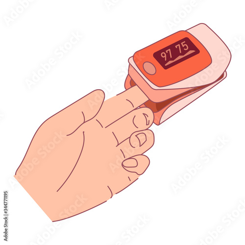 Pulse Oximeter on finger. Digital device to measure oxygen saturation. Reduced oxygenation is emergency sign of pneumonia, for instance caused by coronavirus COVID-19.Vector flat cartoon illustration