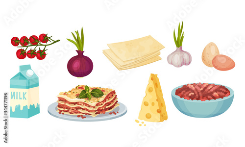 Lasagna Ingredients with Prepared Dish Served on Plate Vector Set