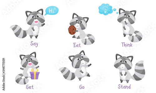 Cute Raccoon Engaged in Eating and Running Activity Vector Set