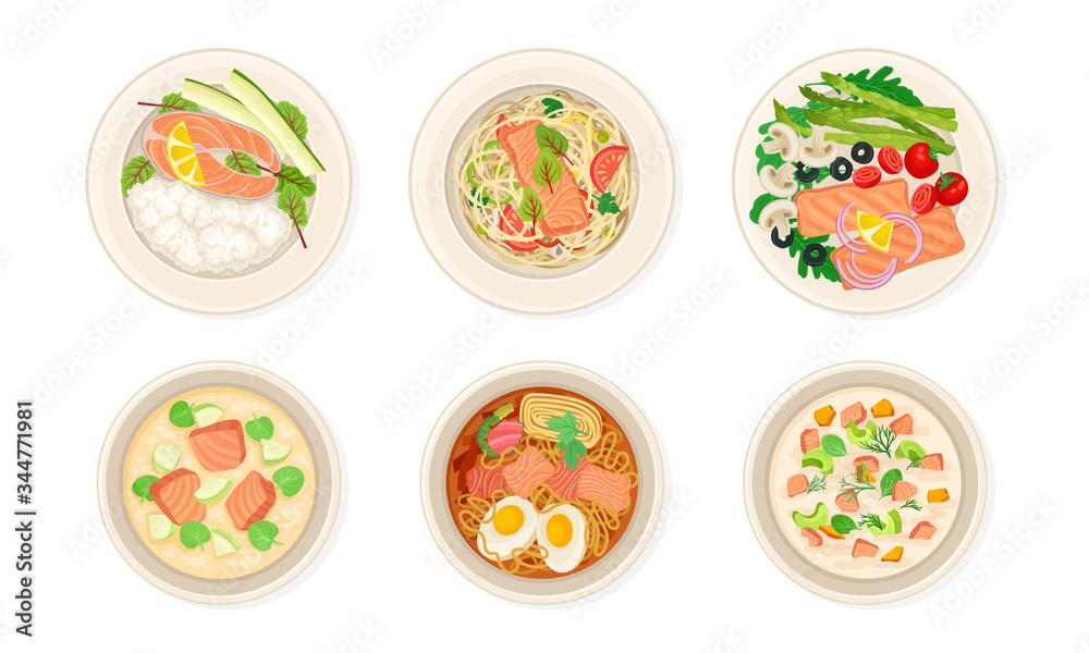 Dishes with Salmon or Trout Fish Garnished with Greenery Vector Set Dishes with Salmon or Trout Fish Garnished with Greenery Vector Set
