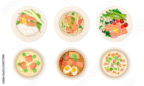 Dishes with Salmon or Trout Fish Garnished with Greenery Vector Set