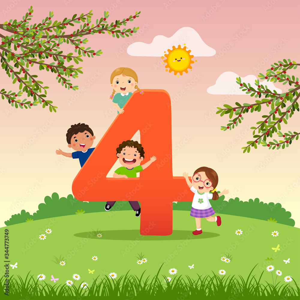 Flashcard for kindergarten and preschool learning to counting number 4 with a number of kids.