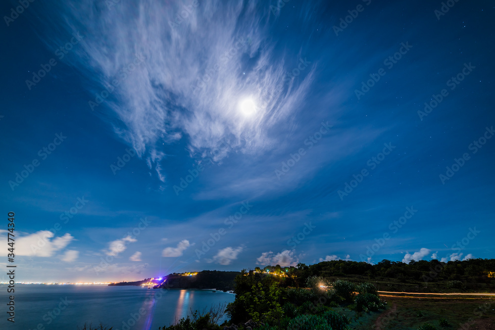 Sky and sea over the cliff at night