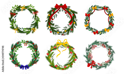 Christmas or Advent Wreaths with Entangled Fir Tree Branches and Decorative Bows and Ribbons Vector Set