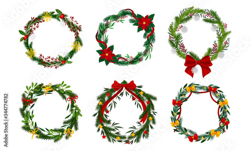 Christmas or Advent Wreaths with Entangled Fir Tree Branches and Decorative Bows and Ribbons Vector Set