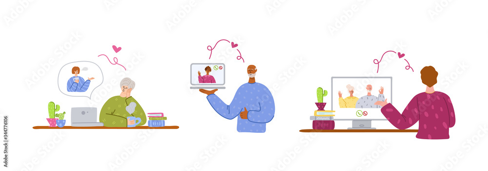 Elderly people and online communication - children or young relatives call grandparents, online chatting video call concept, social distance isolation and connection with devices vector illustration