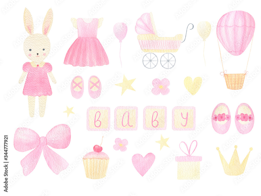 It's a girl watercolor clip art isolated on white background. Baby shower hand painted elements. Happy birthday little baby. For invitation, card, announcement, birthday decoration. Cute bunny girl.