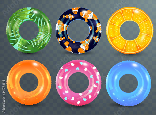 Swim rings set on transparent background. Inflatable rubber toy. Lifebuoy colorful vector collection. Summer. Realistic summertime illustration. Summer vacation or trip safety.