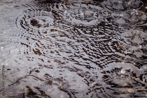 Drops of water and ripples in a rain puddle