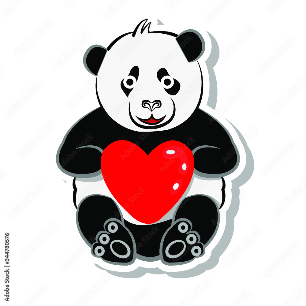 Fototapeta premium panda holding love heart red balloon sticker. cute bear pattern 