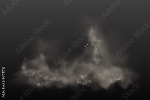 3d Yellow and Browon Dust on Vector Dark Transparent Background. Dust Dirty Cloud Particles in the Air pollution and Smoke Gog. Explosion clouds in City Smog, Polluted and Dirty Air photo