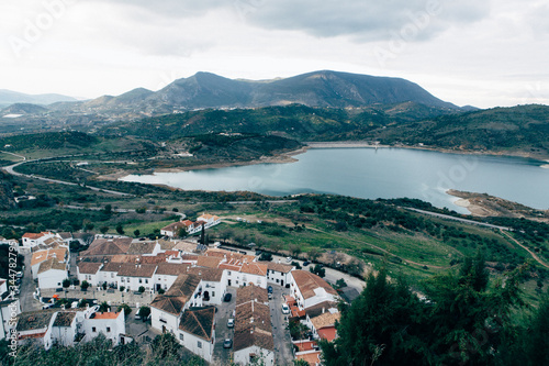 Old town in spanish andalusia mountains, view on lake from top, white houses Zahara-de-la-Sierra