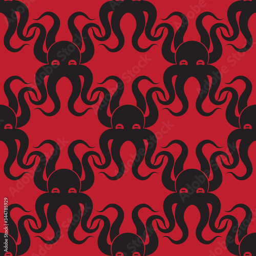 Seamless octopus pattern on red background. Vector image