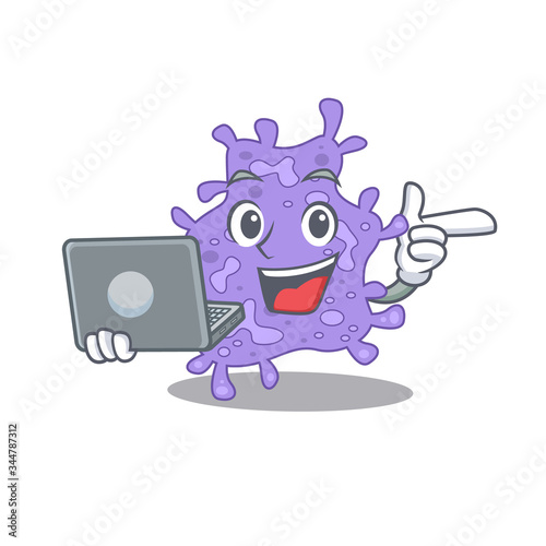 Cartoon character of staphylococcus aureus clever student studying with a laptop