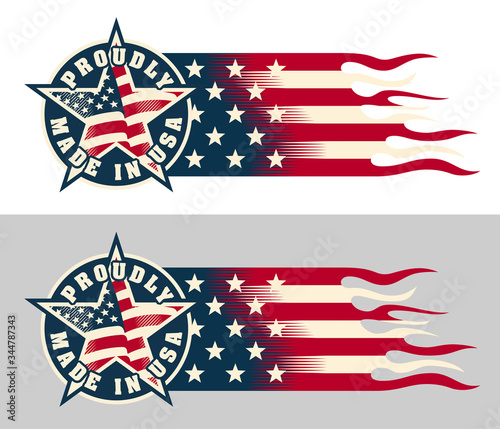 Proudly Made in USA (United States of America) - composition with American flag, isolated on light and dark backgrounds.