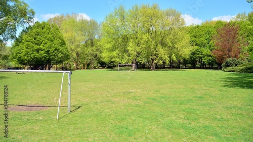 Empty football field in a city park.