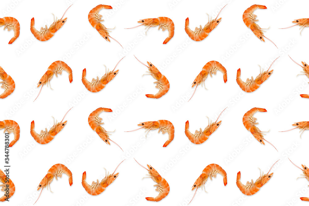 Pattern of prawns on a white background. Modern trendy food wallpaper. Seamless texture shrimp. Top view, flat lay Pattern of prawns on a white background. Modern trendy food wallpaper. Seamless texture shrimp. Top view, flat lay