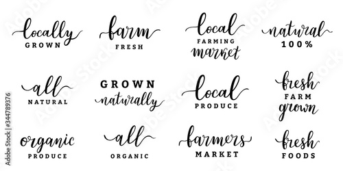 Farmers market lettering logo collection, handwritten calligraphy for food fair isolated on white, vector labels, bundle of typography compositions, farm organic produce, all natural local foods