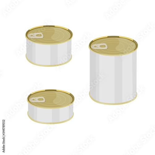 Canned food in metal cans. Canned fish and meat, food stocks, vector illustration
