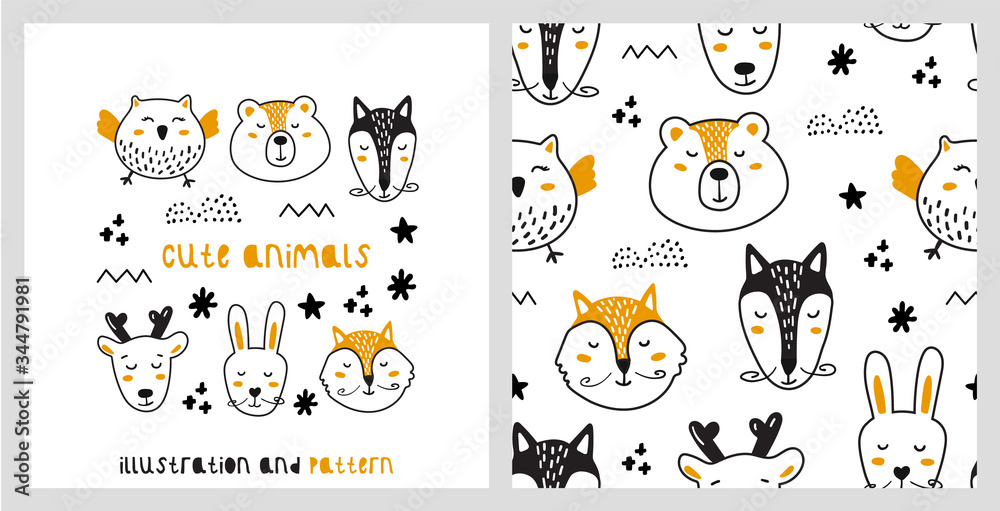 Illustration and seamless pattern with cute animals in scandinavian style.