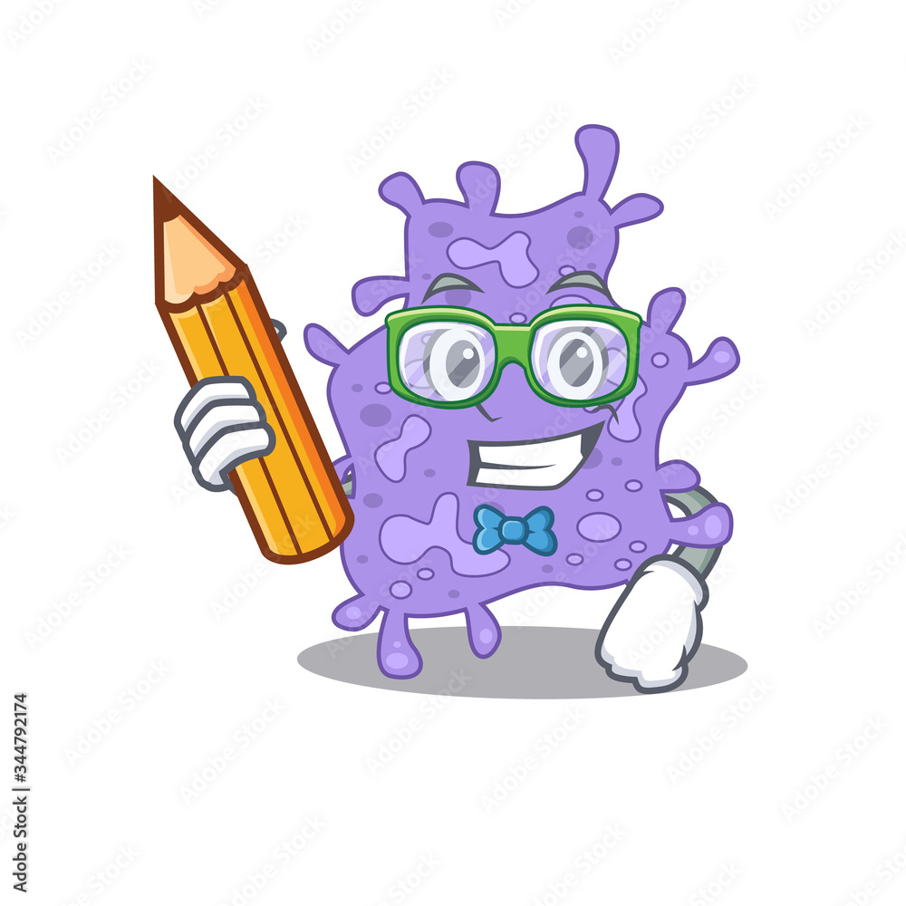 Obraz premium A brainy student staphylococcus aureus cartoon character with pencil and glasses