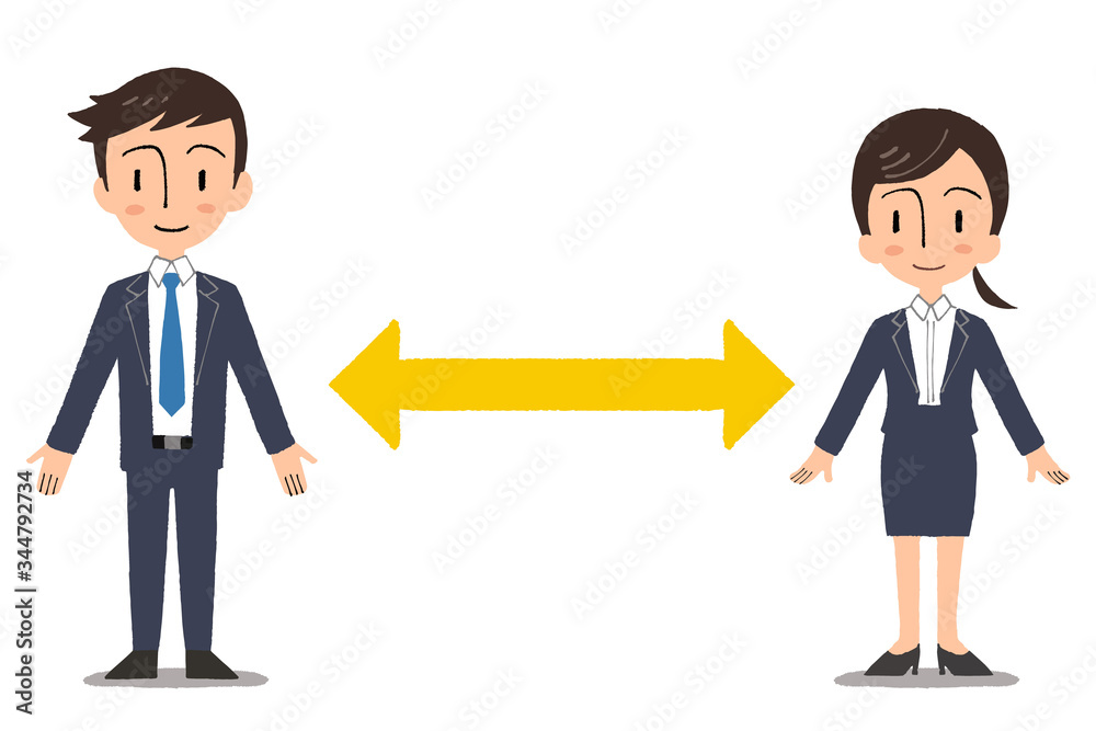 ソーシャルディスタンス、social distancing、男女のイラスト ソーシャルディスタンス、social distancing、男女のイラスト