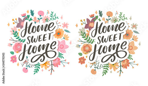 'home sweet home' hand lettering, quarantine pandemic letter text words calligraphy vector illustration slogan