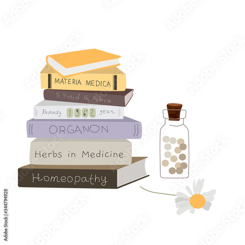 Homeopathy books and medicine, naturopathic health concept elements isolated on white vector illustration with homeopathic balls in bottle and homeopahical remedy books.