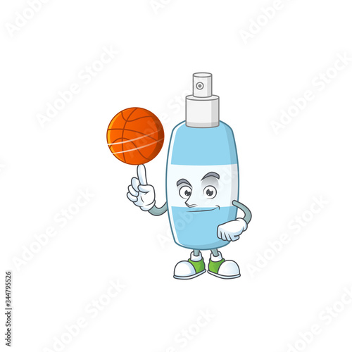 An athletic spray hand sanitizer cartoon design style playing basketball