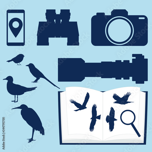 Birding set: silhouette of a birds with photocamera icon, telephoto lens and binoculars, phone and guide to the birds. Vector stock illustration