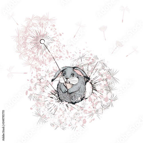 Hand drawn vector bunny with dandelions plants in pink color