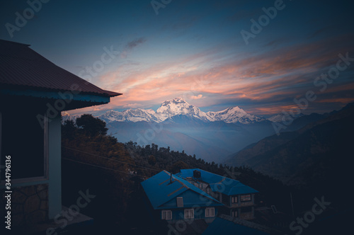 View of the Annapurna Mountain Range from Poon Hill Ghorepani, in Pokhara Nepal during the trek photo