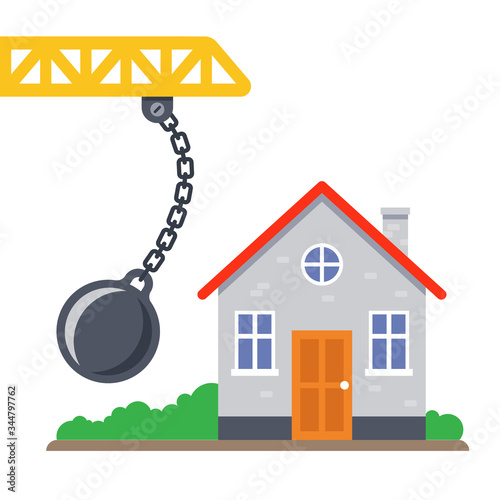 old house demolished by round toran. flat vector illustration.