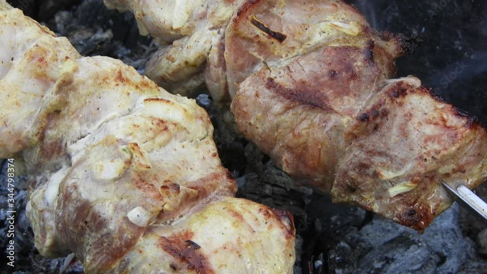 barbecue on skewers close up on the fire