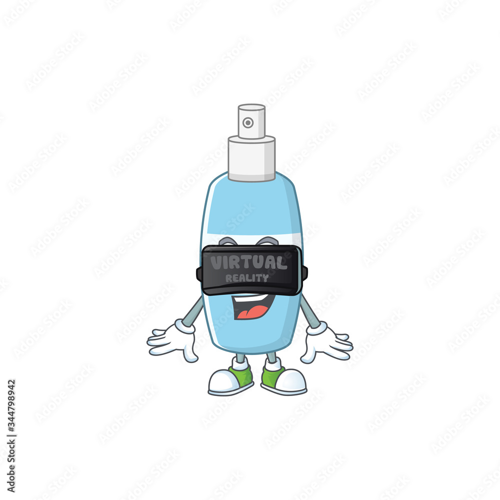 A cartoon mascot of spray hand sanitizer enjoying game with Virtual reality headset