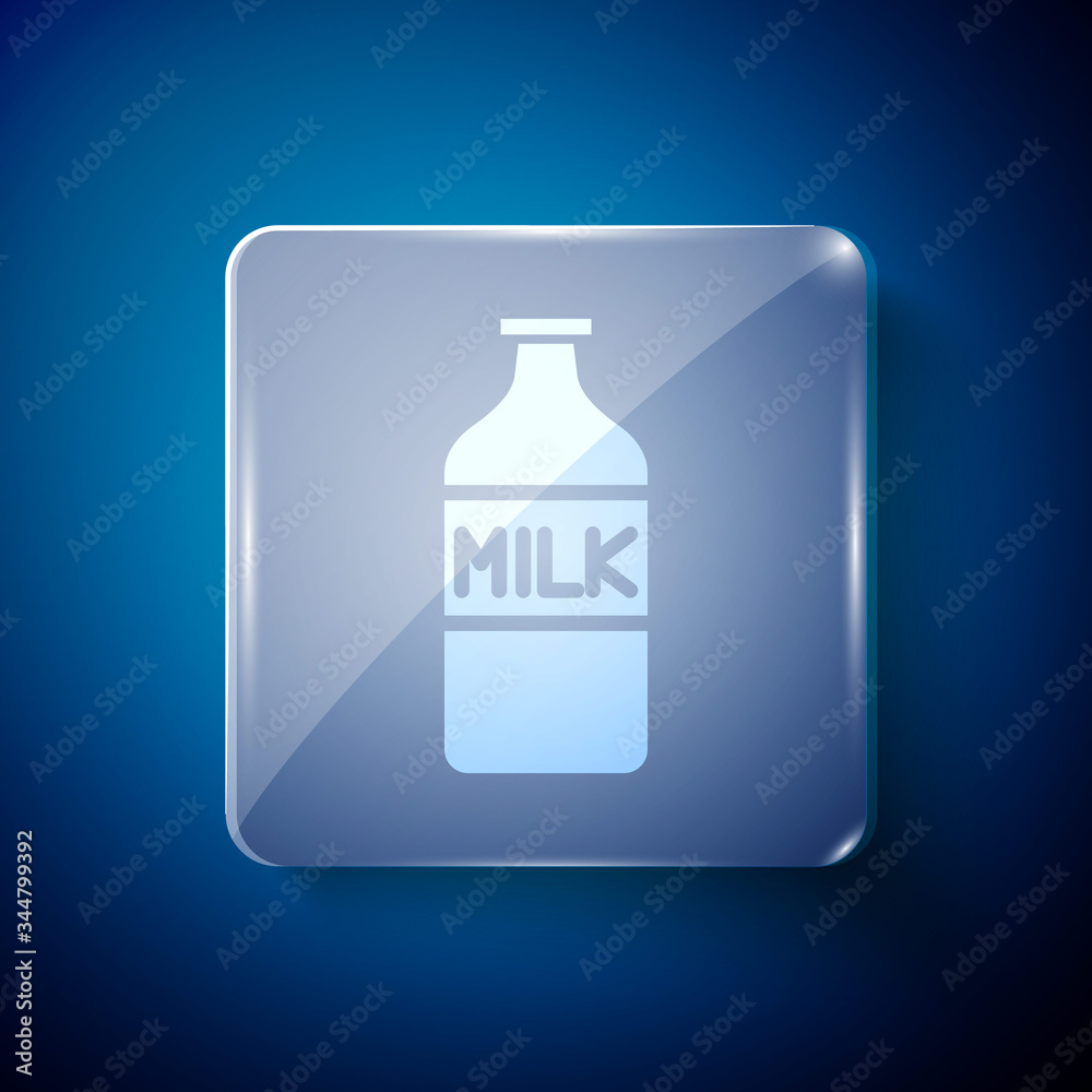 White Closed glass bottle with milk icon isolated on blue background. Square glass panels. Vector Illustration