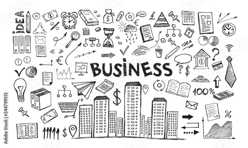 Management concept with Doodle design style. Hand drawn business symbols.